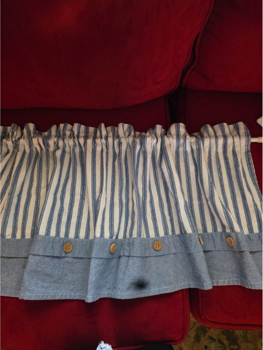 Blue and White Striped Kitchen Curtain Valance with Button Detail